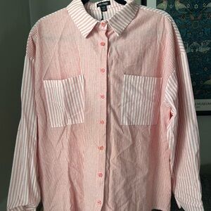 Boohoo Pink Casual Button Down Shirt with Striped Sleeves